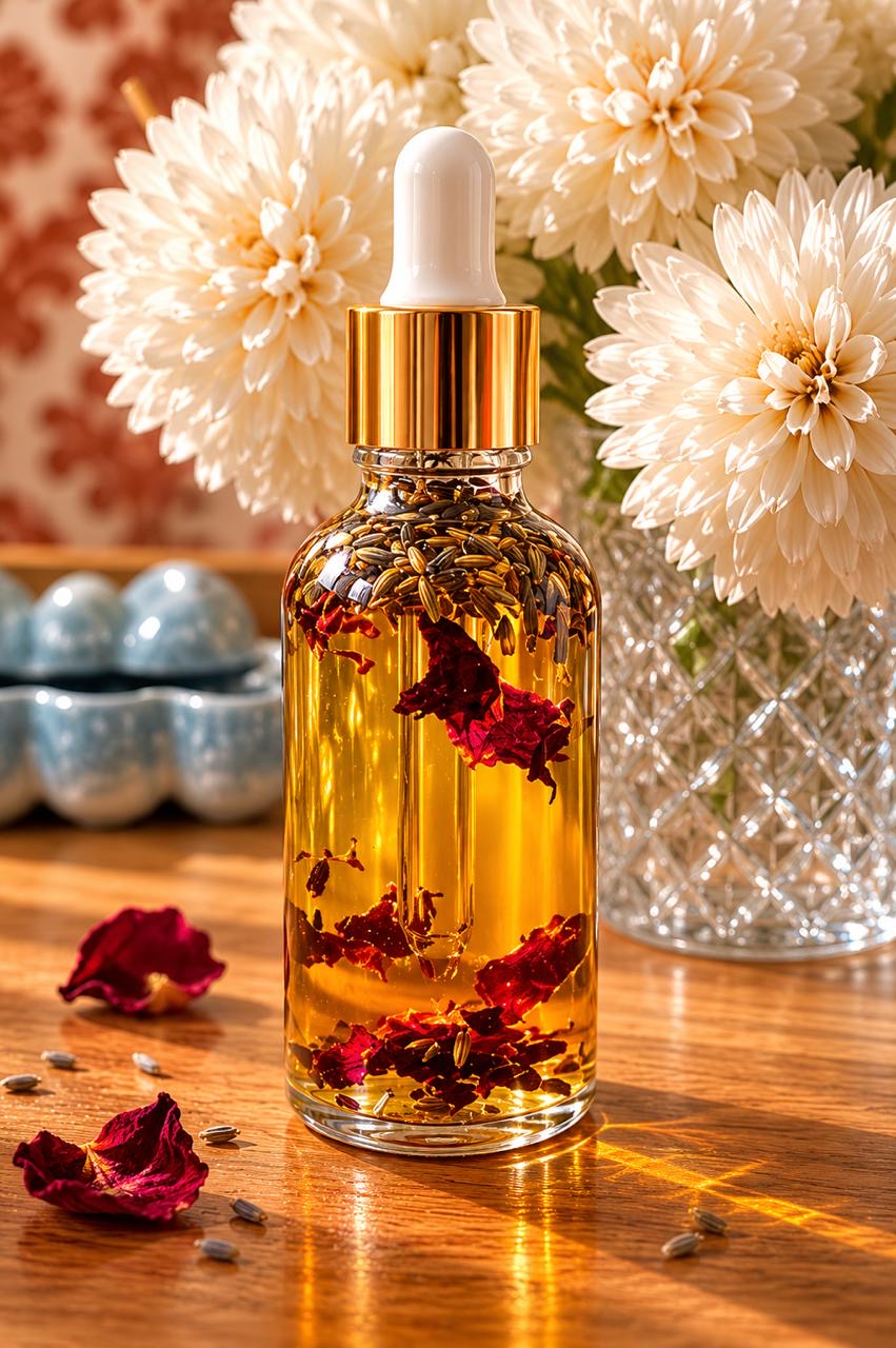 Herbs, hibiscus flowers and bowls of golden infused oil